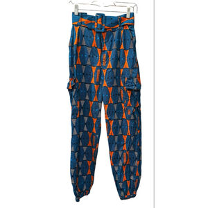 Ofuure Ankara High Life African Tribal Print Cargo Pants Size Medium Belted Blue